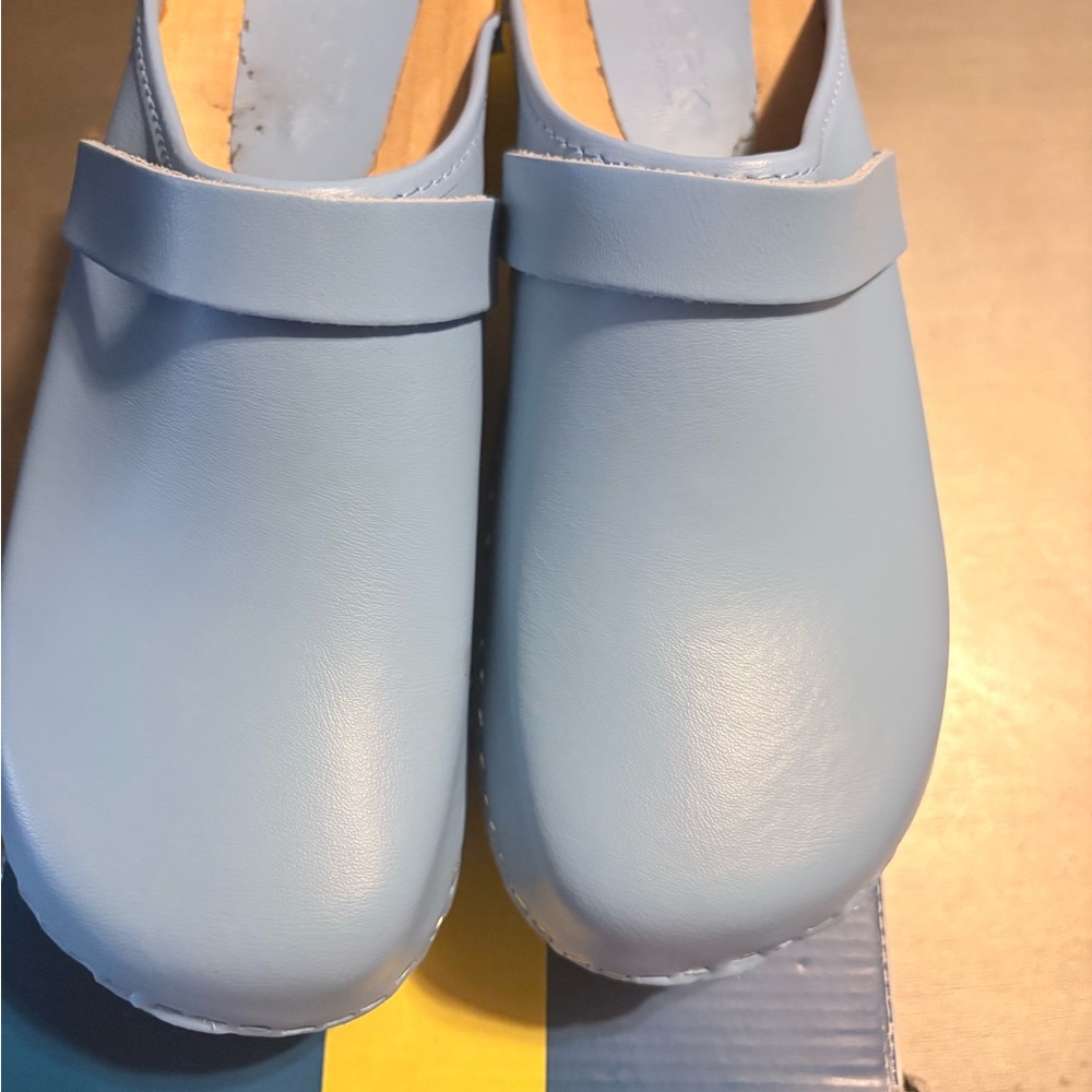 Light Blue Leather Clogs